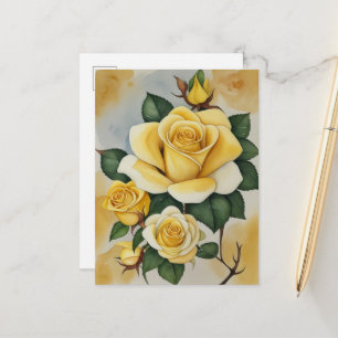 Carte Postale Élégantes Roses Jaunes Aquarelle