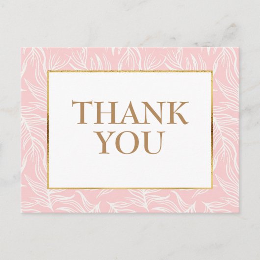 Carte Postale Élégants Feuilles blancs sur Merci d'or rose (Devant)