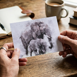 Carte Postale Eléphant africain avec aquarelle de veau