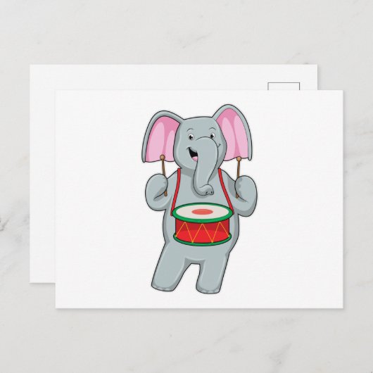 Carte Postale Elephant at Music with Drum (Devant / Derrière)
