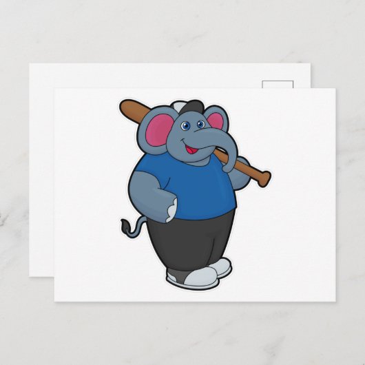 Carte Postale Éléphant au baseball avec une batte de baseball (Devant / Derrière)