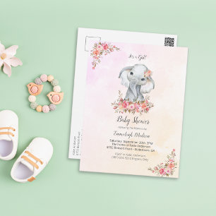 Carte Postale Elephant Baby shower Boho Chic Coral Aquarelle