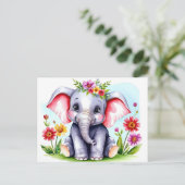 Carte Postale Éléphant bébé aquarelle avec des fleurs (Debout devant)