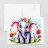 Carte Postale Éléphant bébé aquarelle avec des fleurs (Devant / Derrière)