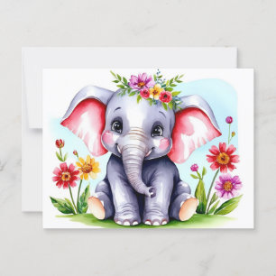 Carte Postale Éléphant bébé aquarelle avec des fleurs