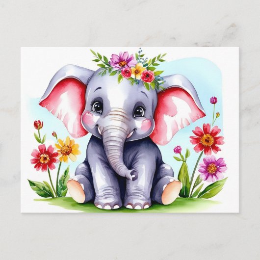 Carte Postale Éléphant bébé aquarelle avec des fleurs (Devant)