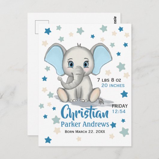 Carte Postale Eléphant Bébé mignon avec oreilles bleues Boy Stat (Devant / Derrière)