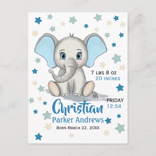 Carte Postale Eléphant Bébé mignon avec oreilles bleues Boy Stat (Devant)
