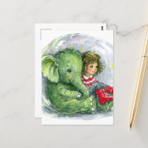 Carte Postale Eléphant bébé mignon et une fille