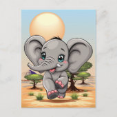 Carte Postale Éléphant Bébé Saute Heureux dans la Savane Africai (Devant)