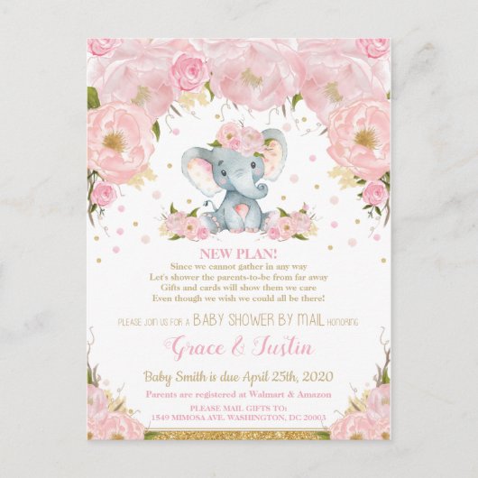 Carte Postale Eléphant Blush Floral Baby shower par Mail Girl (Devant)