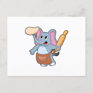 Carte Postale Éléphant cuisinier avec rouleau à pâtisserie et pâ