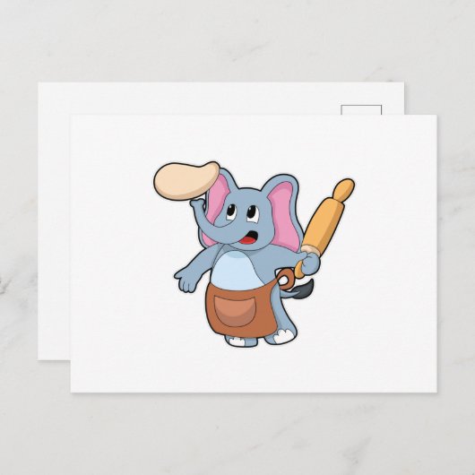 Carte Postale Éléphant cuisinier avec rouleau à pâtisserie et pâ (Devant / Derrière)