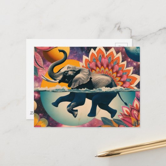 Carte Postale Éléphant dans la piscine (Devant/Arrière en situation)