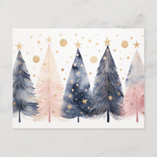 Carte Postale Éléphant de Noël rose et bleu abstrait