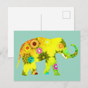 Carte Postale Éléphant de style cartoon Fleurs Vibrantes Ludique