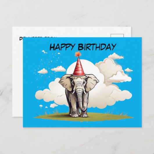 Carte Postale Eléphant debout sur un pâté de pelouse nuageux (Devant / Derrière)