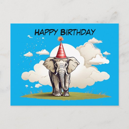 Carte Postale Eléphant debout sur un pâté de pelouse nuageux (Devant)