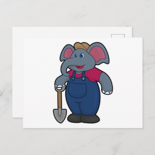 Carte Postale Éléphant en fermier avec une pelle (Devant / Derrière)