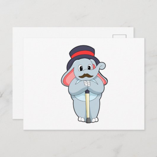 Carte Postale Elephant en Gentleman avec Casquette et bâton de m (Devant / Derrière)
