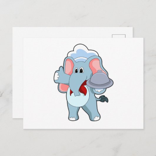 Carte Postale Éléphant en serveur avec plateau (Devant / Derrière)