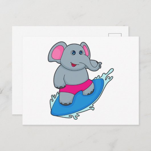 Carte Postale Éléphant en surfeur avec planche de surf (Devant / Derrière)