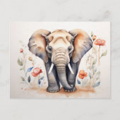 Carte Postale Eléphant et fleurs de charme aquarelle peinture (Devant)