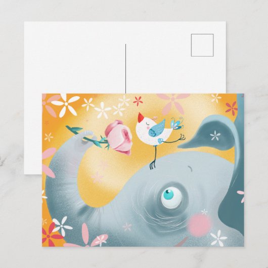 Carte Postale Éléphant et oiseau fantaisistes (Devant / Derrière)