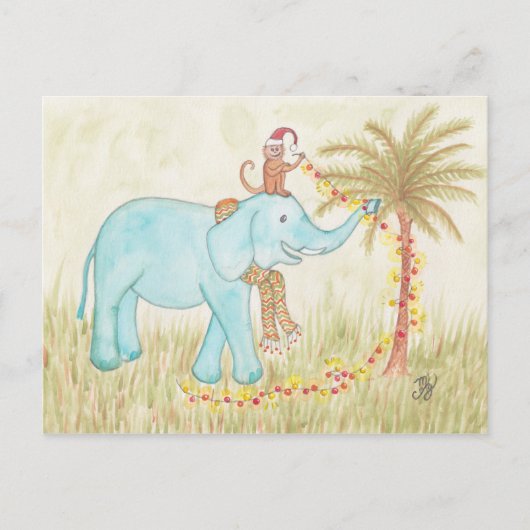 Carte Postale Eléphant et singe Strant lumières de Noël (Devant)