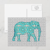 Carte Postale Eléphant fleur Mandala - turquoise, gris & blanc (Devant / Derrière)