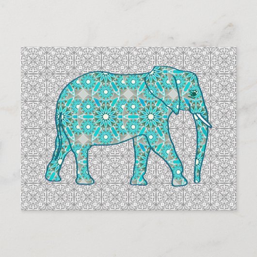 Carte Postale Eléphant fleur Mandala - turquoise, gris & blanc (Devant)