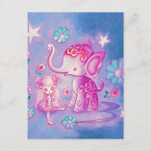 Carte Postale Éléphant Mignon Avec Fille Aux Cheveux Roses