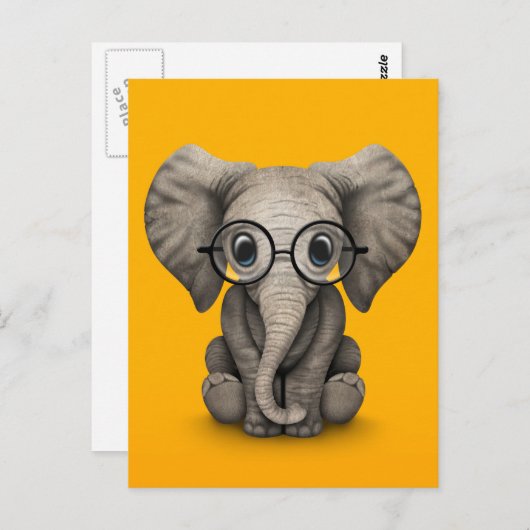 Carte Postale Eléphant mignon bébé avec lunettes de lecture Jaun (Devant / Derrière)