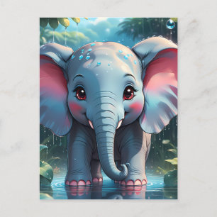 Carte Postale Eléphant mignon dans la pluie