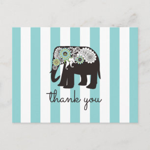 Carte Postale Éléphant rayé bleu turquoise moderne Merci