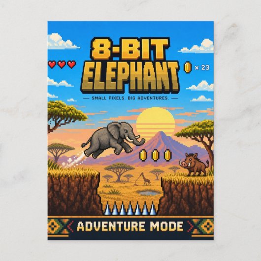Carte Postale Éléphant, Rétro Pixel Art 8-Bit (Devant)