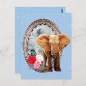Carte Postale Eléphant, Rose Et Cadre (Devant / Derrière)