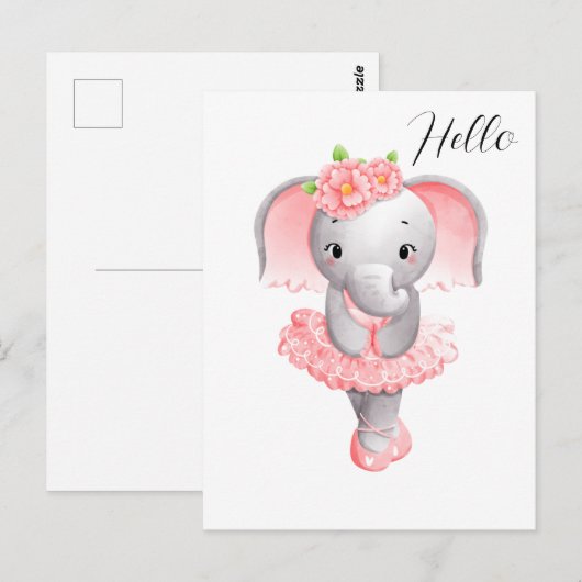 Carte Postale Eléphant rose et gris mou Ballerina (Devant / Derrière)