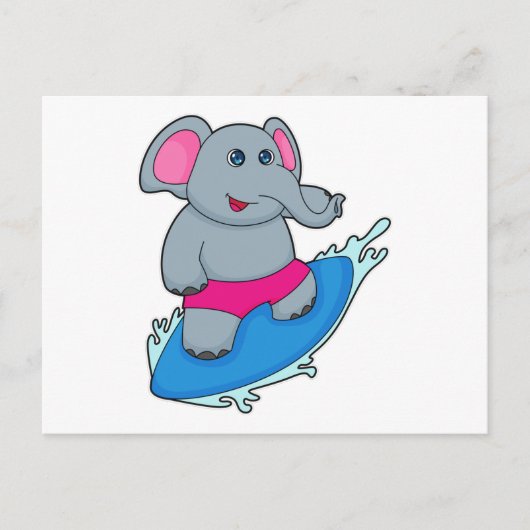 Carte Postale Éléphant surfeur avec planche de surf (Devant)