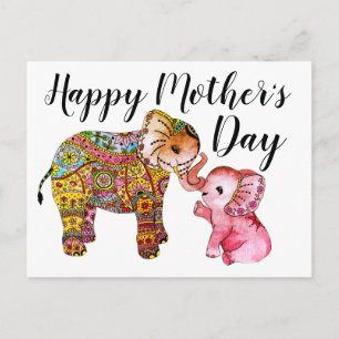 Carte Postale Eléphants Boho Rose Cute Joyeux Fête des Mères