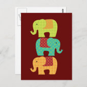 Carte Postale Eléphants ethniques avec fleurs sur le rouge du ma (Devant / Derrière)