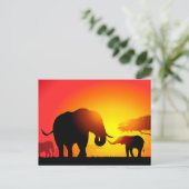 Carte Postale Eléphants mère et enfant au coucher du soleil (Debout devant)