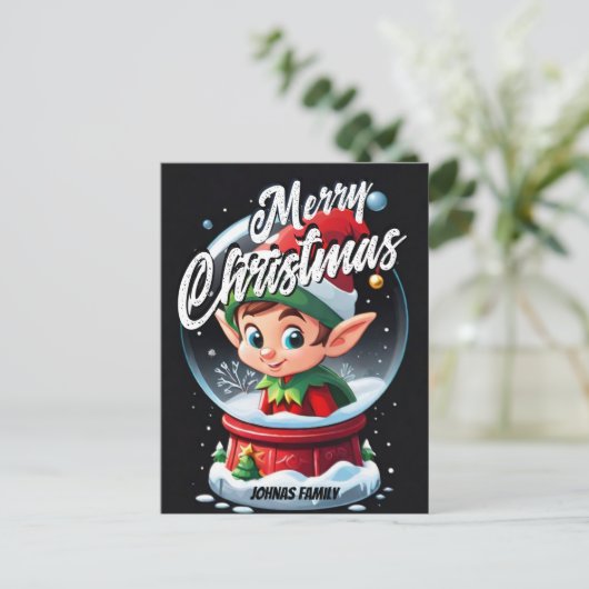 Carte Postale Elf Snowglobe Joyeux Noël Nom (Debout devant)
