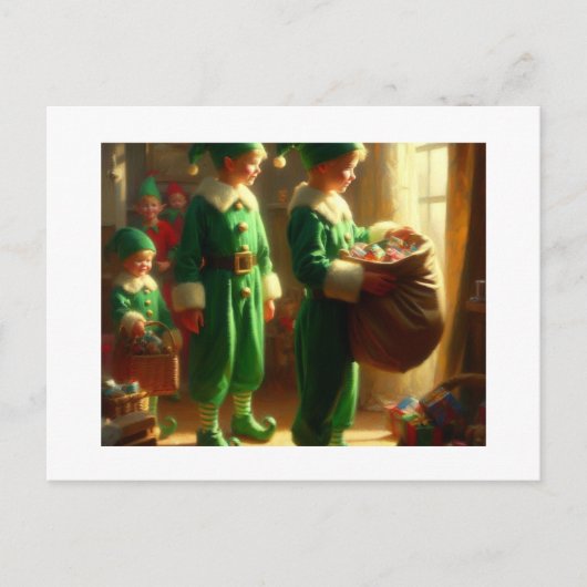 Carte Postale Elfes avec cadeaux, (Devant)