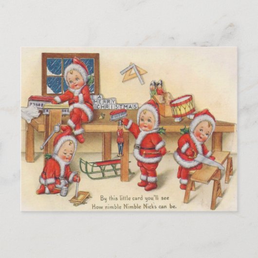 Carte Postale Elfes fabriquant des jouets (Devant)