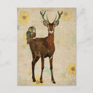 Carte postale Elk Woodsy et Chouette Turquoise