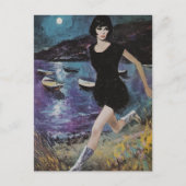 Carte Postale Elle tourne sur la plage en robe noire Retro (Devant)