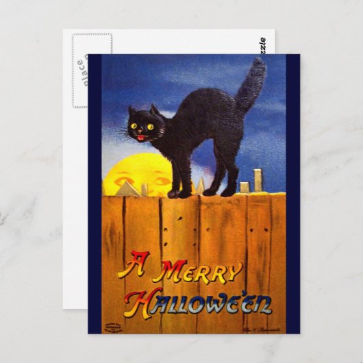 Carte Postale Ellen H. Clapsaddle : Chat noir sur une clôture (Devant / Derrière)