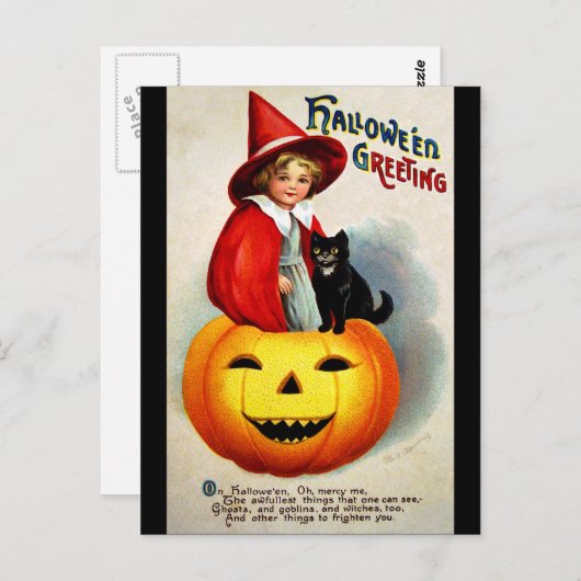 Carte Postale Ellen H. Clapsaddle : Sorcière à Jack O'Lantern (Devant / Derrière)