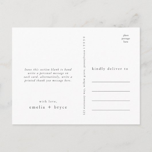 Carte Postale EMELIA Minimal Dusty Bleu Rustique Merci Mariage (Dos)